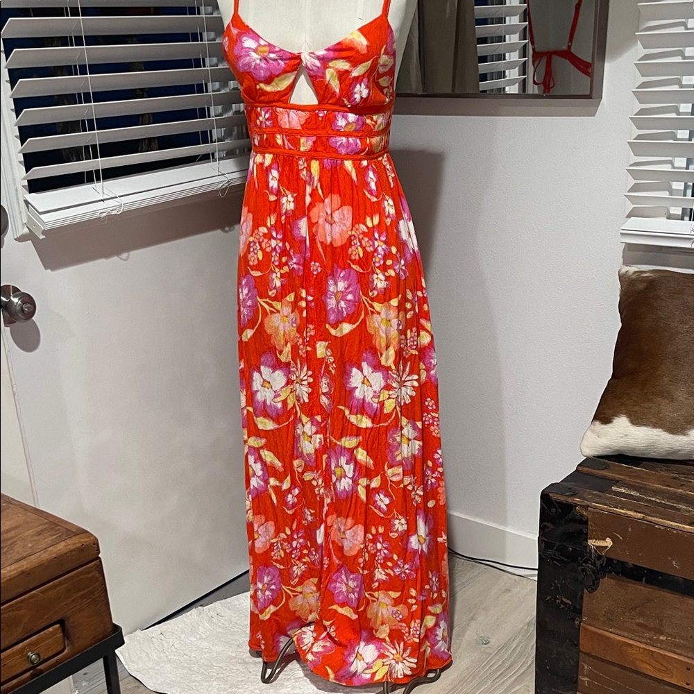 So Summer!! Free People Vibrant Orangey Red Floral Maxi Dress